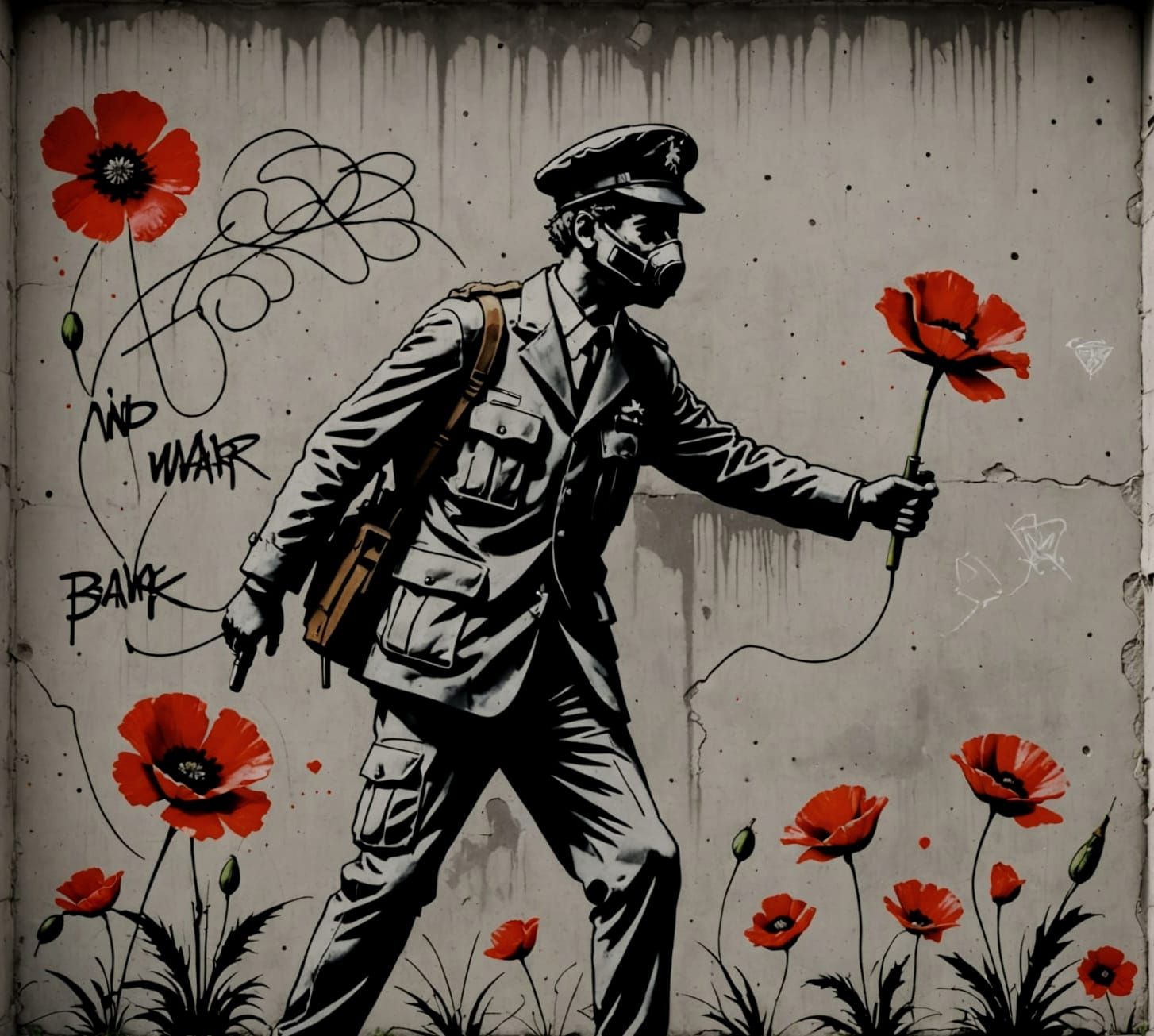 Banksy-Style Anti-War Graffiti on Concrete Wall