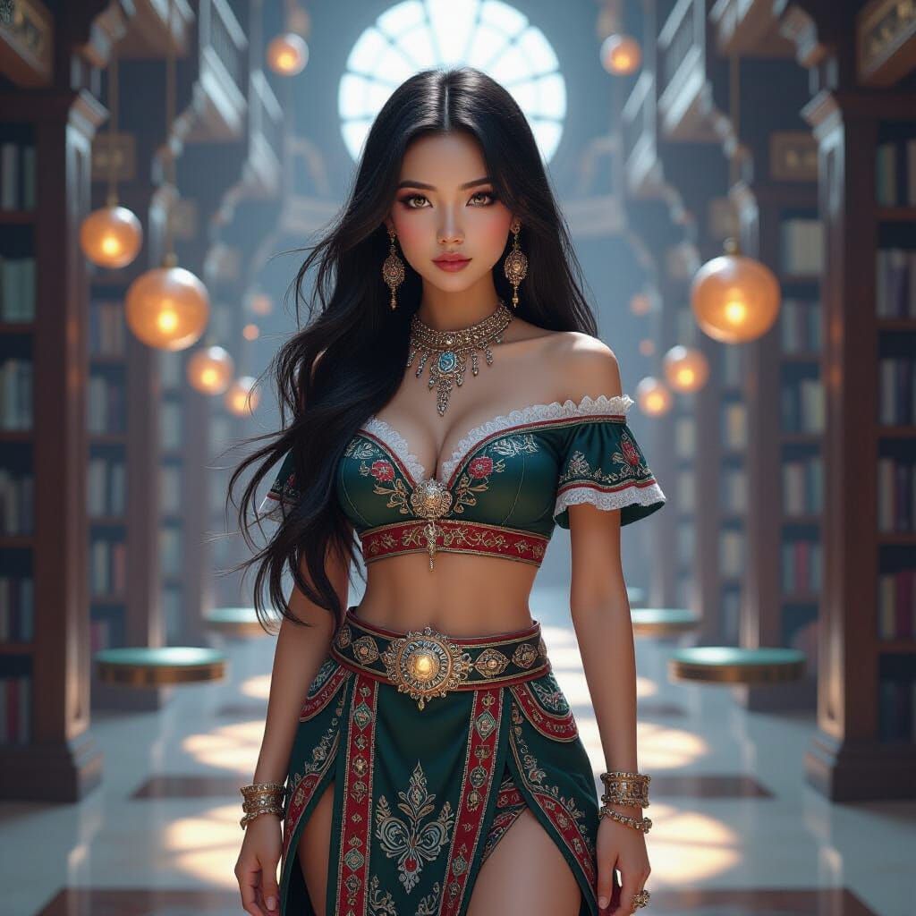 Hmong Woman in Fantasy Library, Digital Art