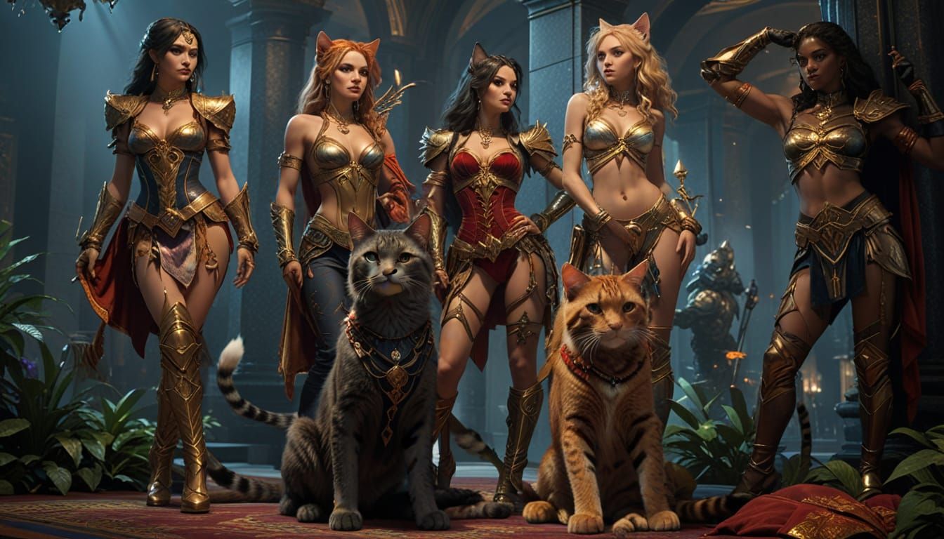 Epic Feline Cosplay in Grand Hotel Lobby Digital Art