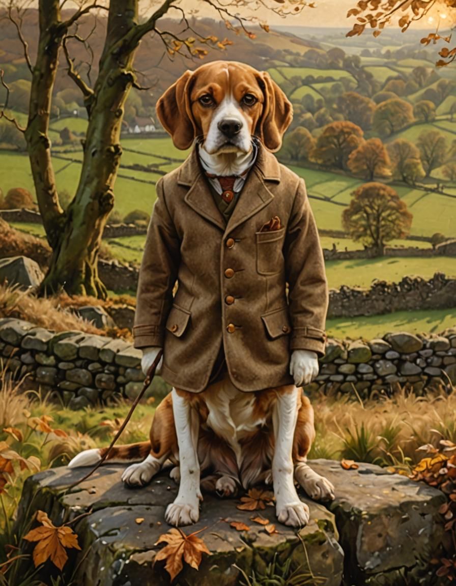 Beagle Dog as Gentleman in Traditional Hunting Art