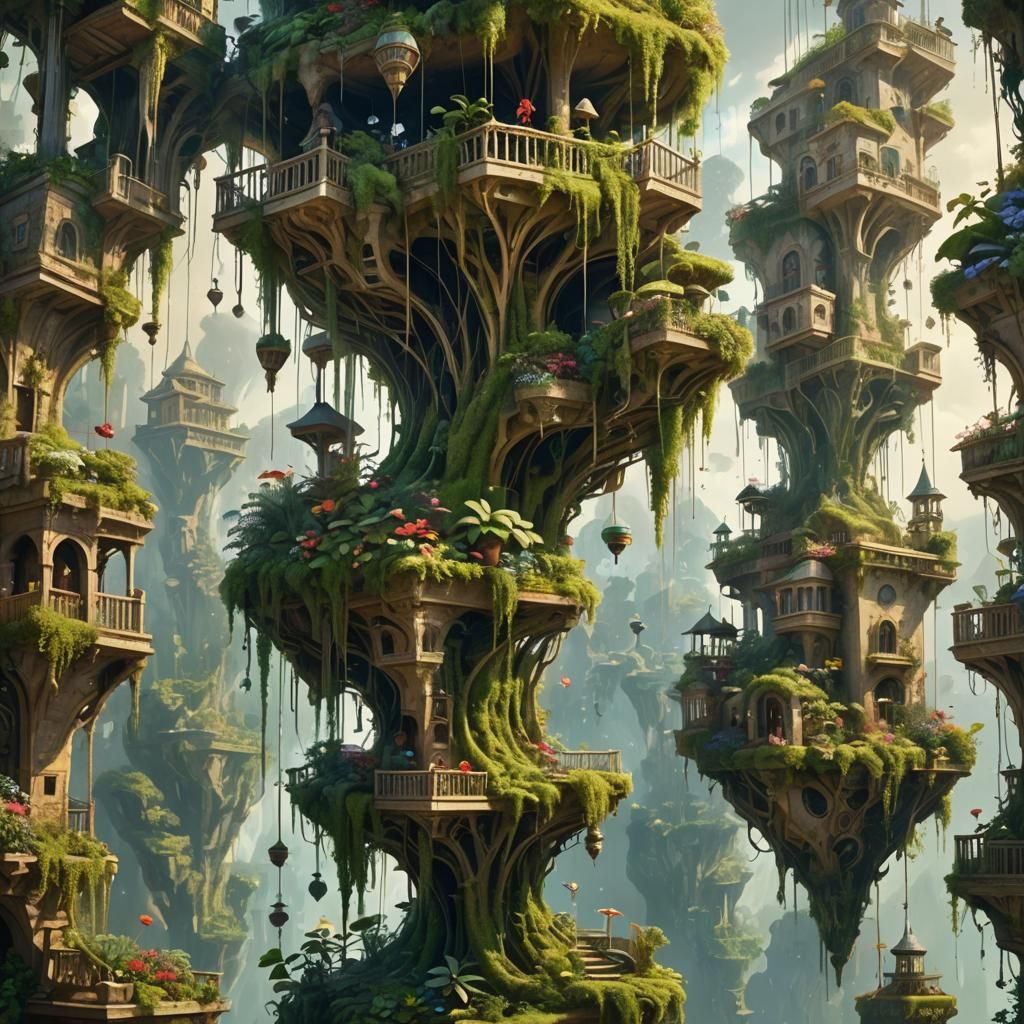 Surreal Hanging Gardens in Detailed Oils