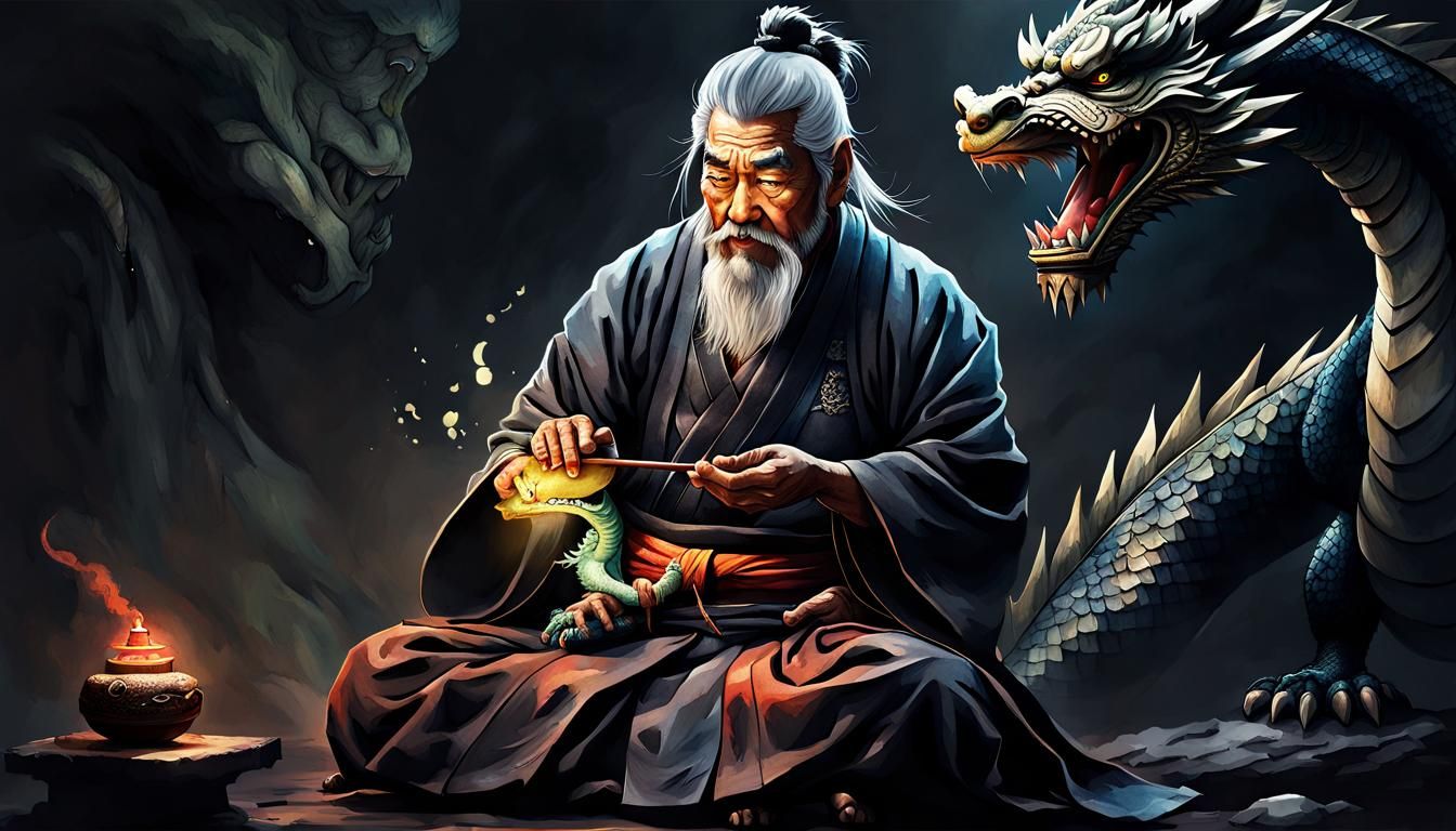 Samurai Meditating with Dragon: Digital Watercolour Painting