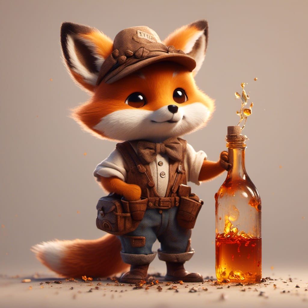 Fox Cub Farmer with Burning Oil, Fantasy Art