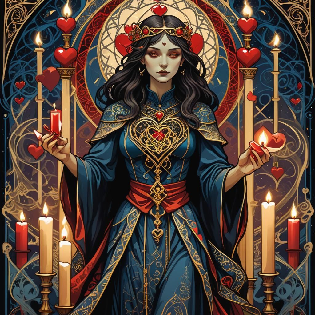 Mystical Tarot Card: Three of Hearts in Art Nouveau Style