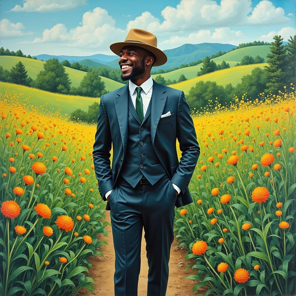 Smiling Man in Suit on Farm, Impressionist Style