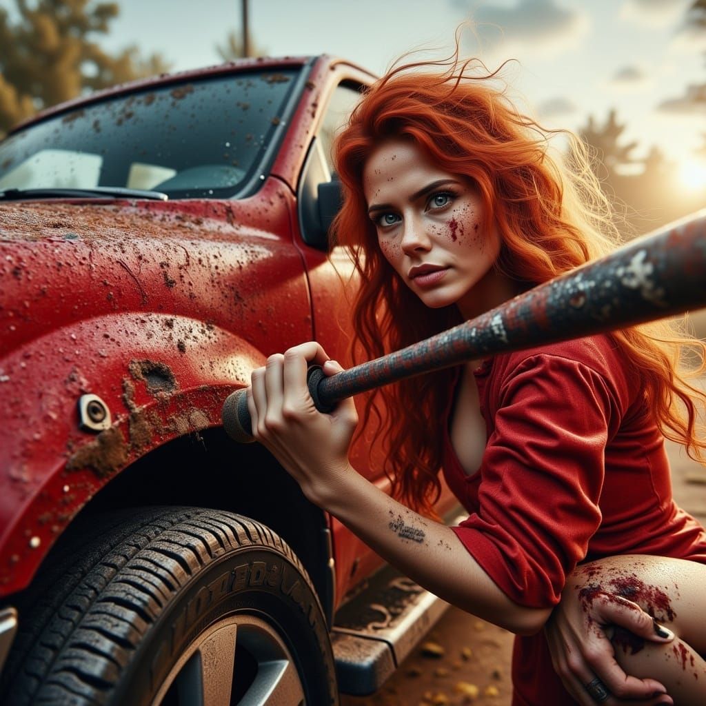 Angry Red Haired Woman Smashes Boyfriend's Truck in Hyperrea...