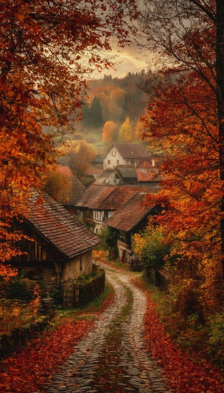 Autumn Village Scene in Lush Valley Cinematic Matte Painting