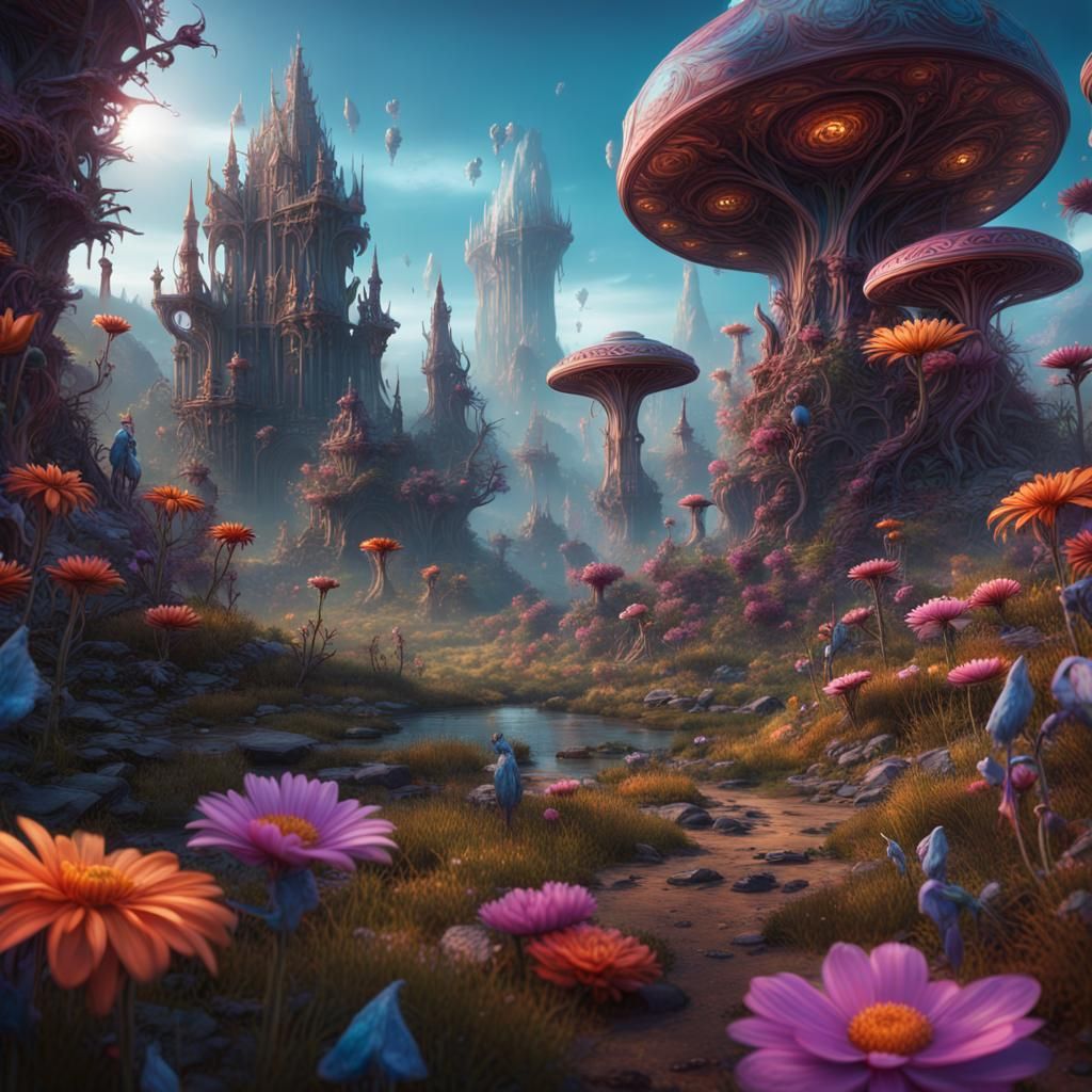 Colorful Fantasy World with Strange Creatures