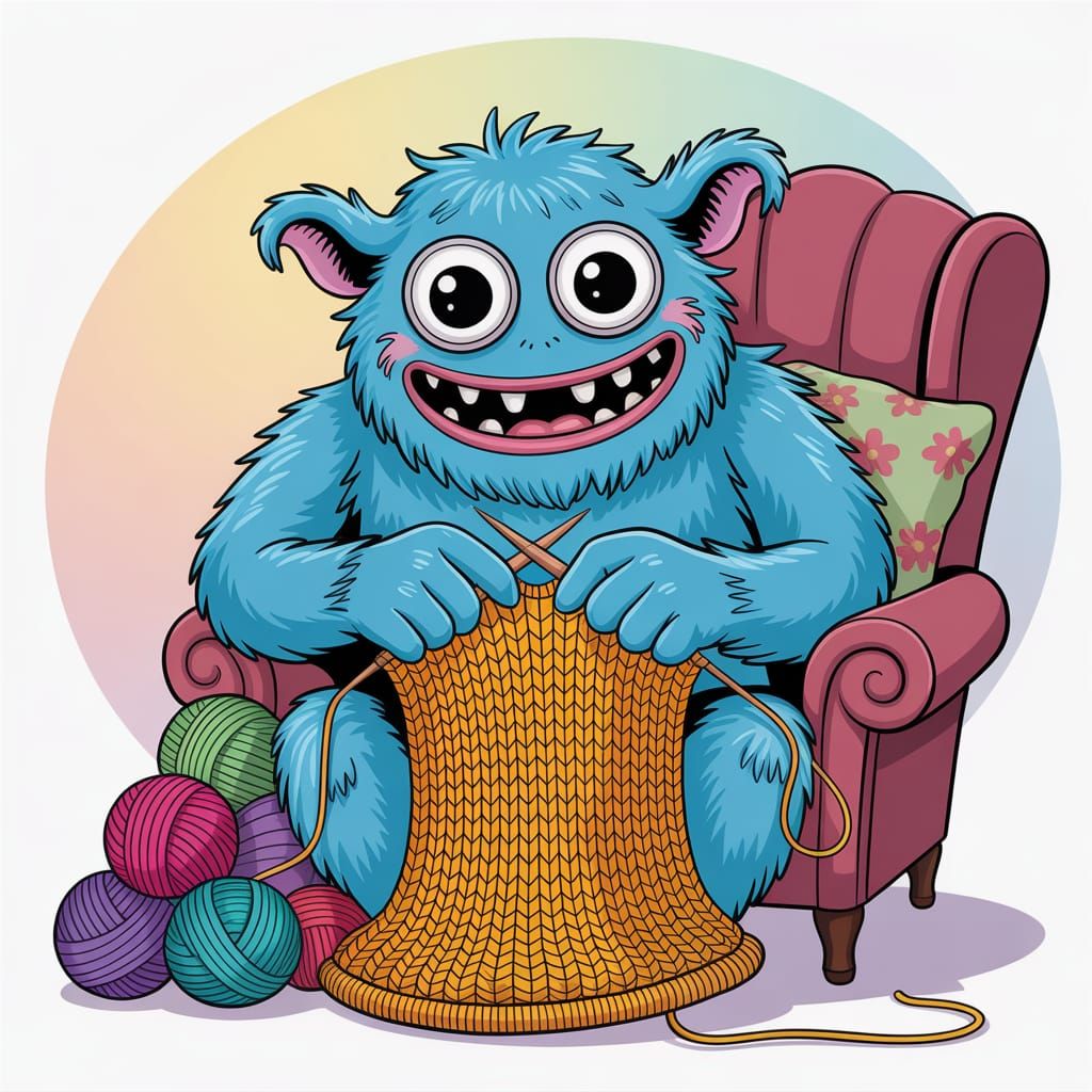 Yarn monster knitting a sweater, pop surrealism (Ideogram V3...