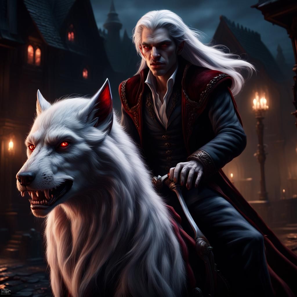 Vampire Riding a Werewolf at Night: Fantasy Art