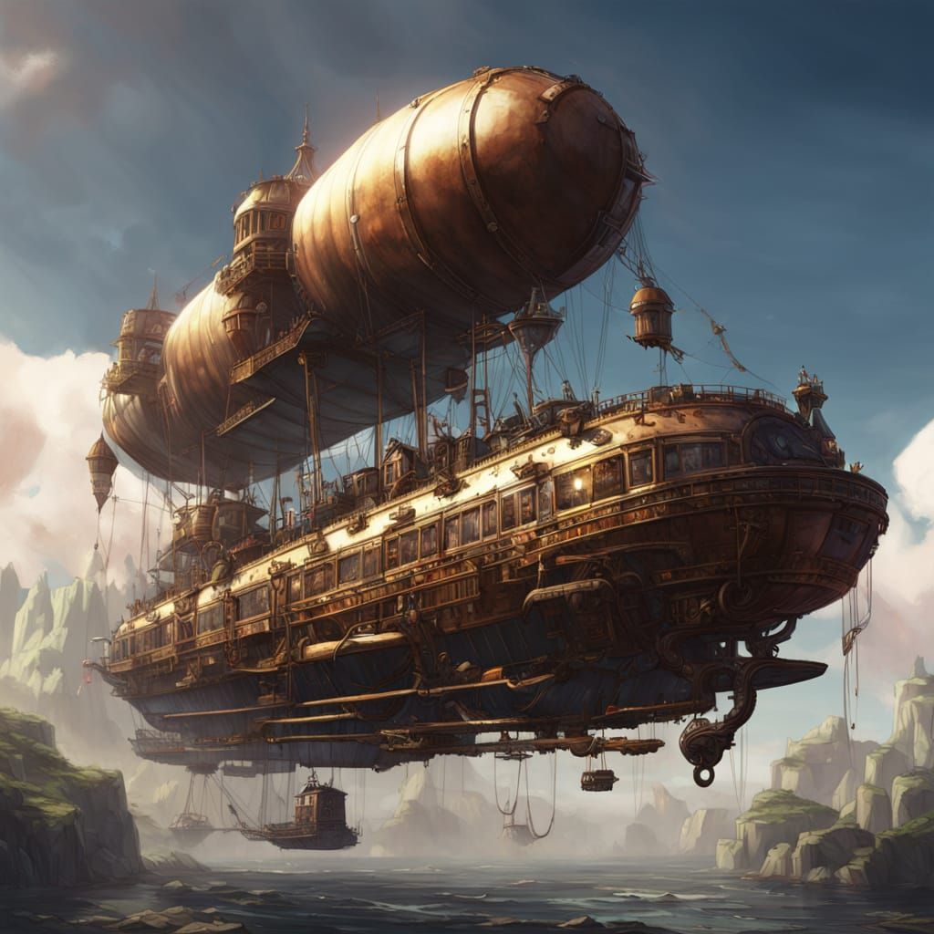 Steampunk Airship Waterfall Fantasy in Detailed Matte Painti...