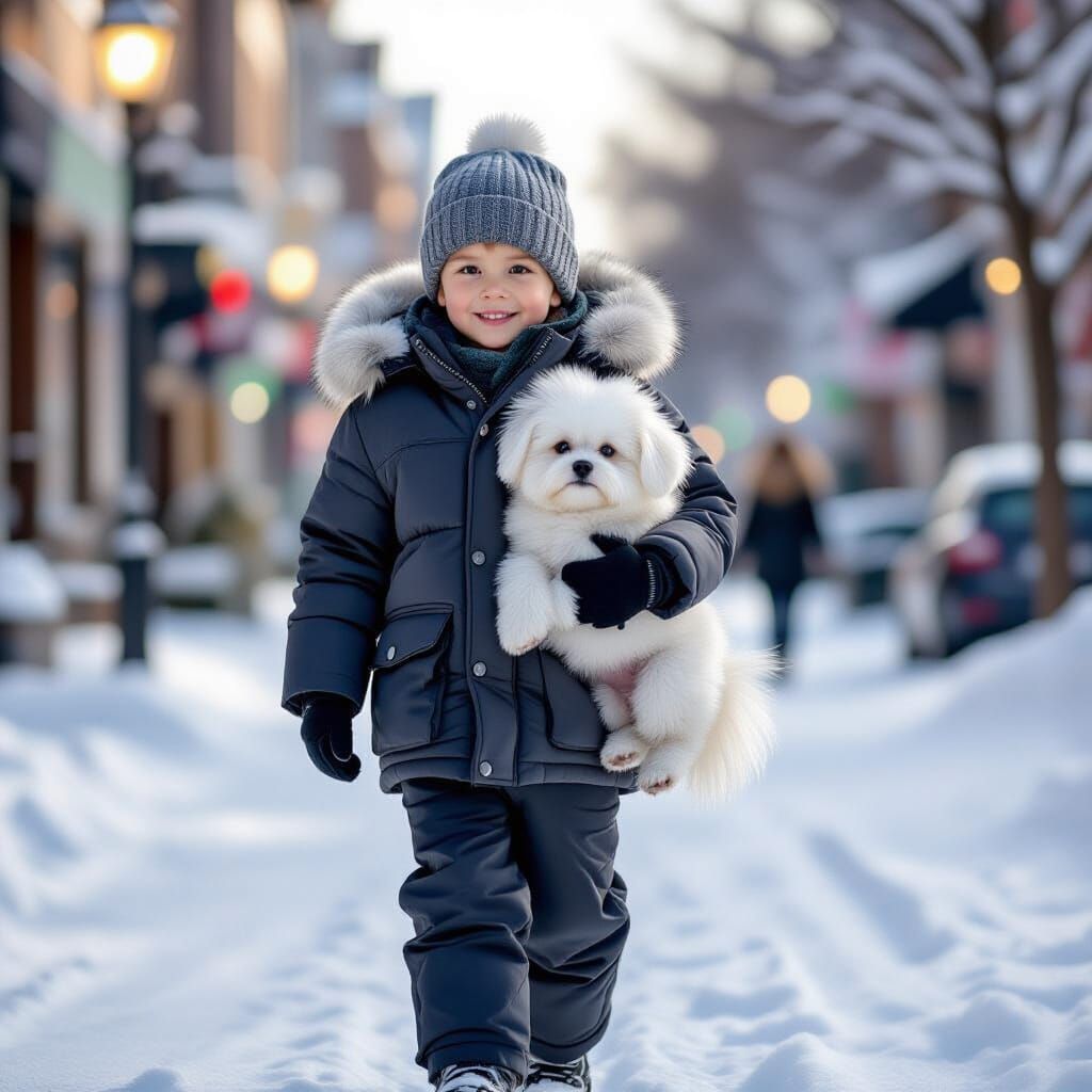 Boy With White Dog on Snowy Street