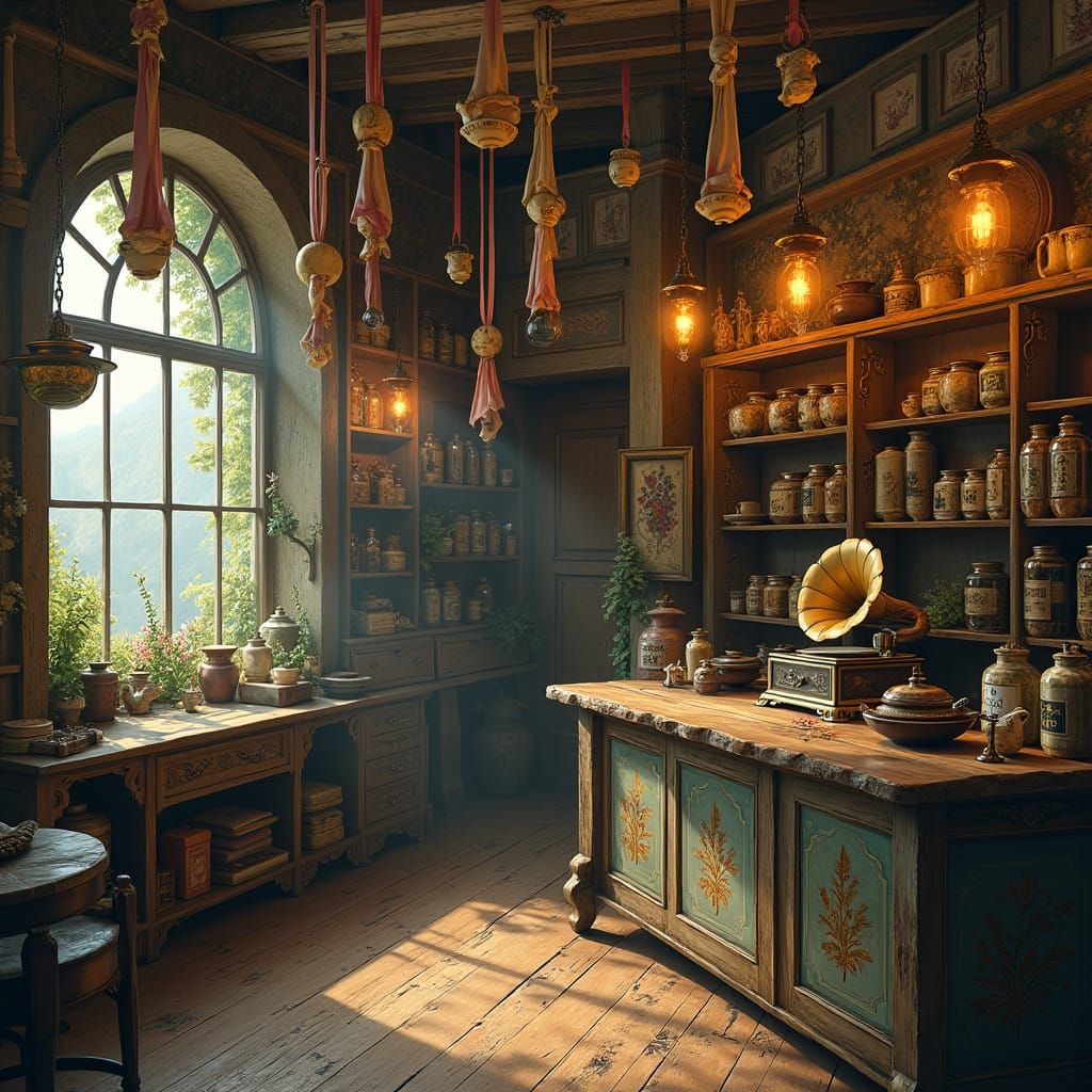 Mystical Tea Shop with Apothecary Jars and Gramophone