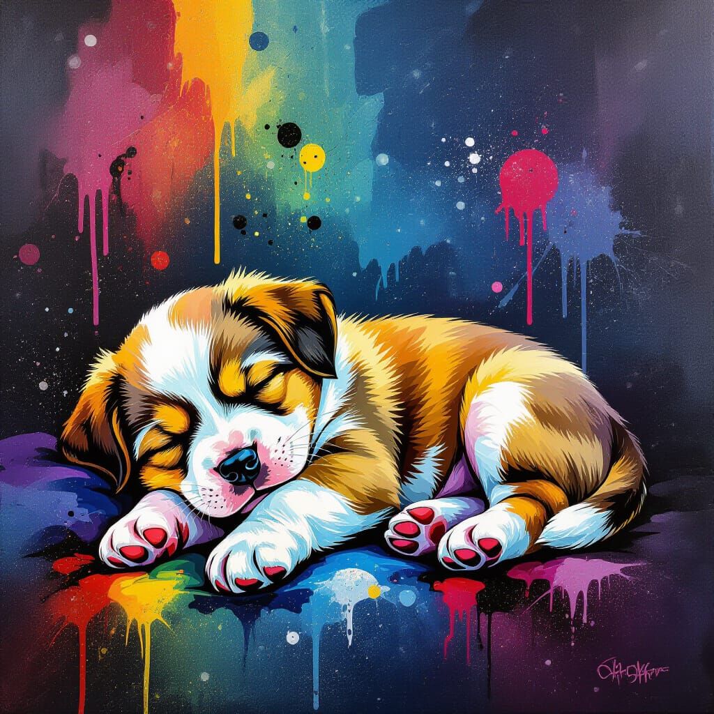 Sleeping Puppy Amidst Vibrant Graffiti Art Explosion