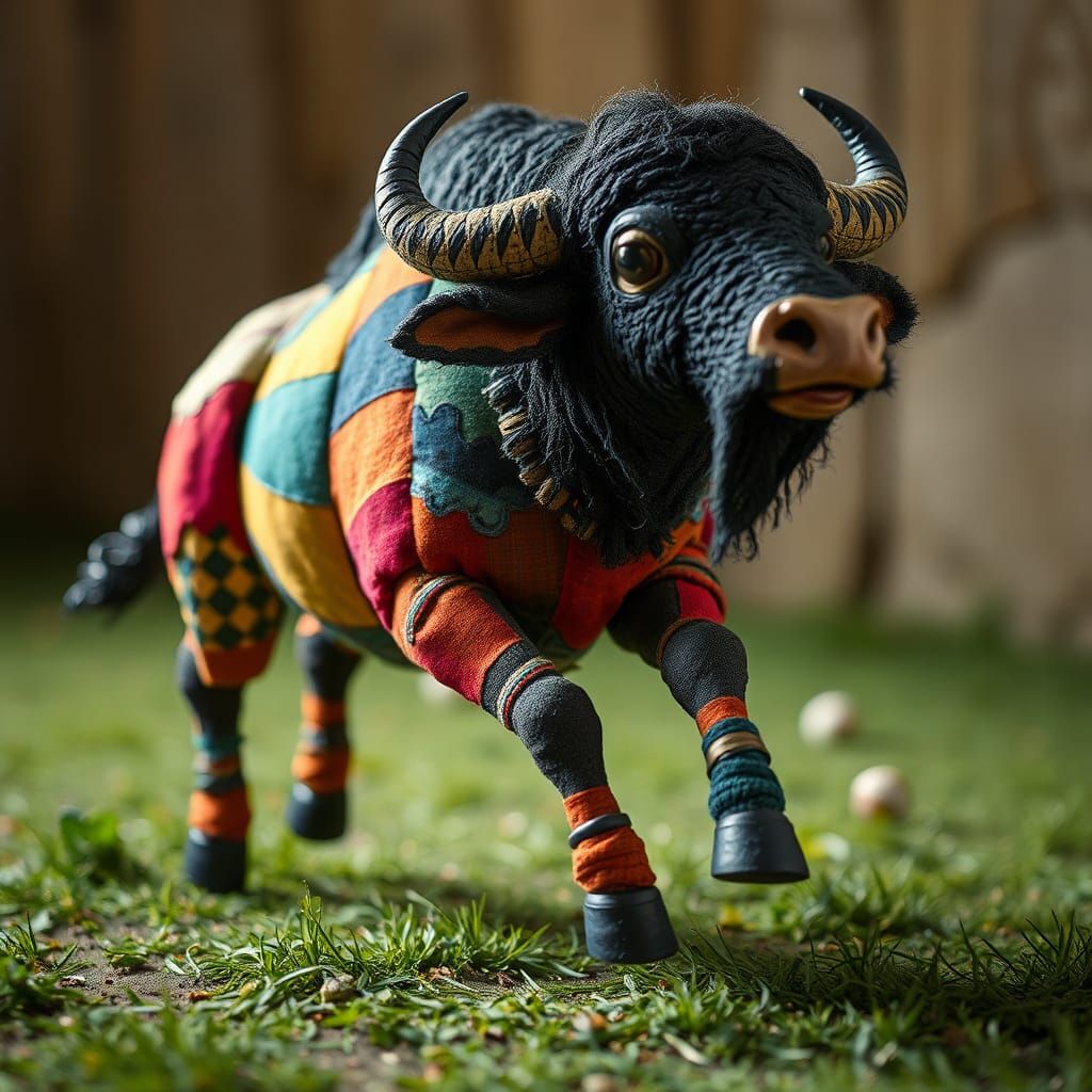 Multicolored Patchwork Buffalo Sculpture: Graceful Gallop