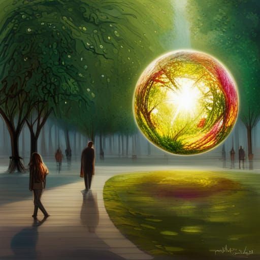 Glittering Orb Floating in Lush City Park