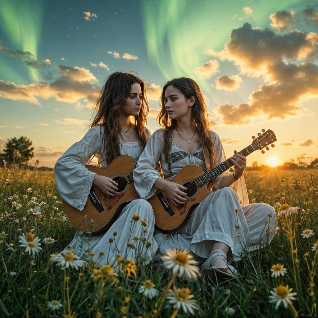 Serenely Playing Brunettes in a Vibrant Meadow Scene