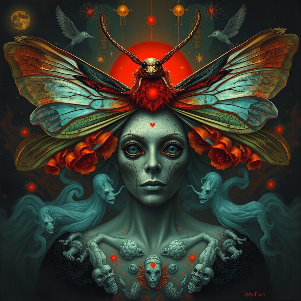 Ethereal Encounter: Moth Headdress in a Bosch-Inspired Dream...