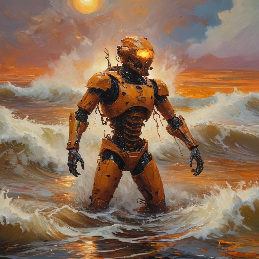 Burning Robot in Expressionist Seascape