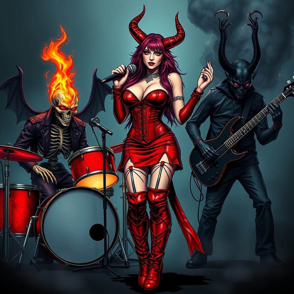 Witch Rock Band with Demon and Skeleton in Gritty Style
