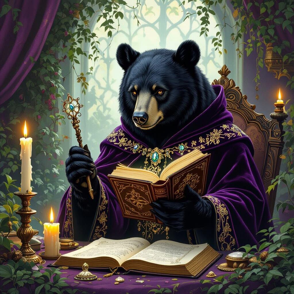 Mystical Black Bear Fortune Teller in Regal Setting
