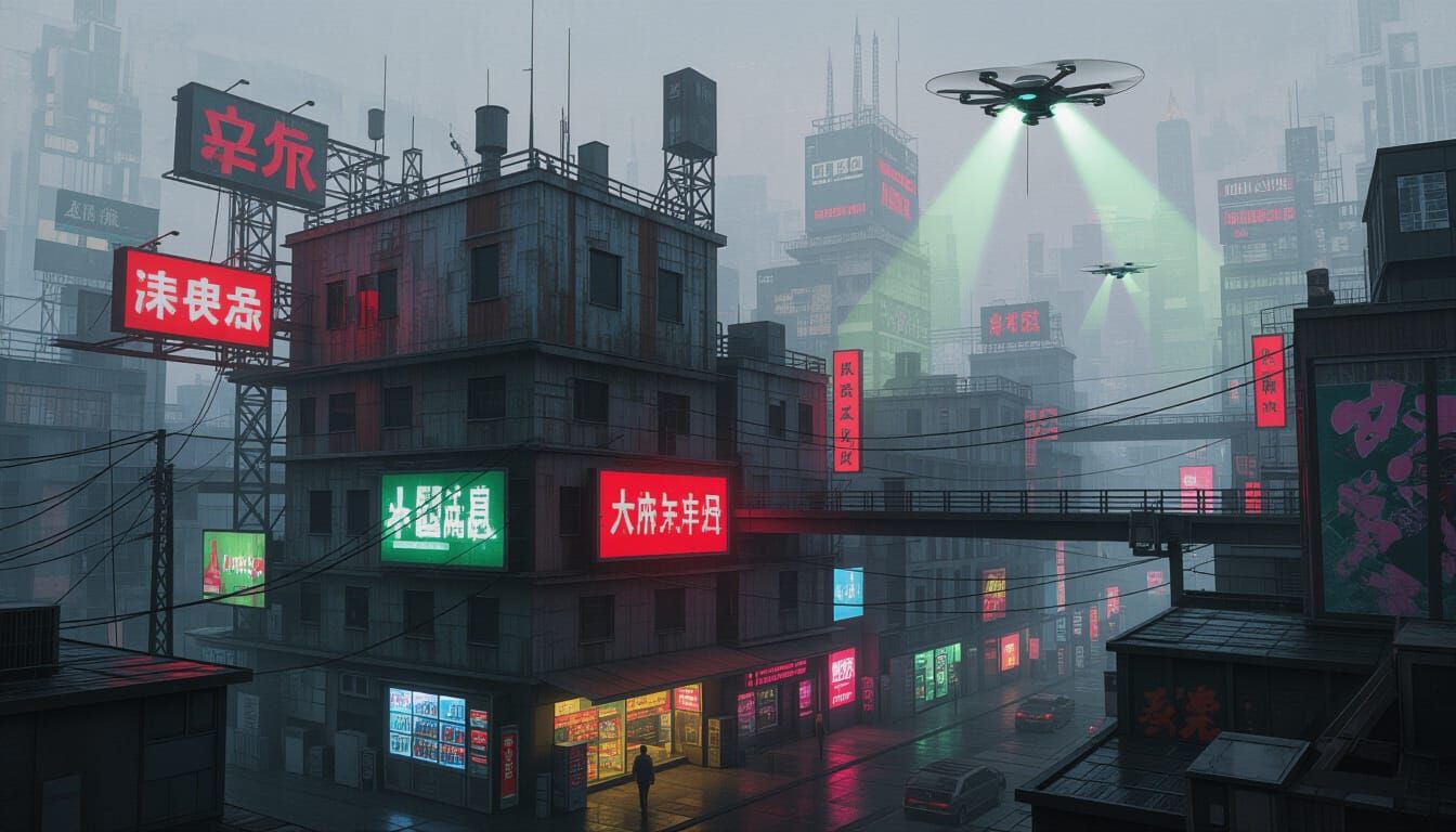 Cyberpunk Cityscape with Neon and Flying Drones