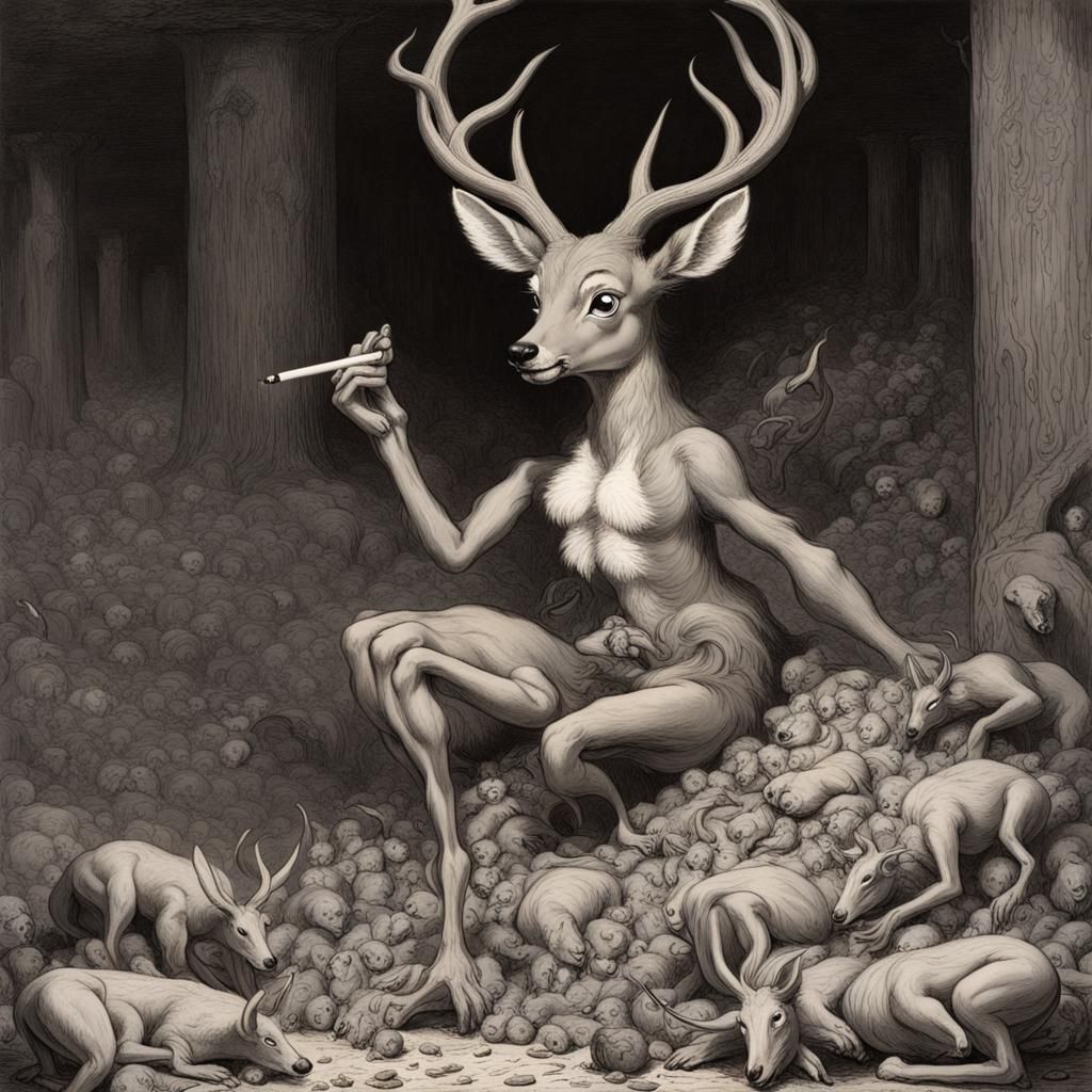 Bambi smoking a joint in a giant pile of meat and guts