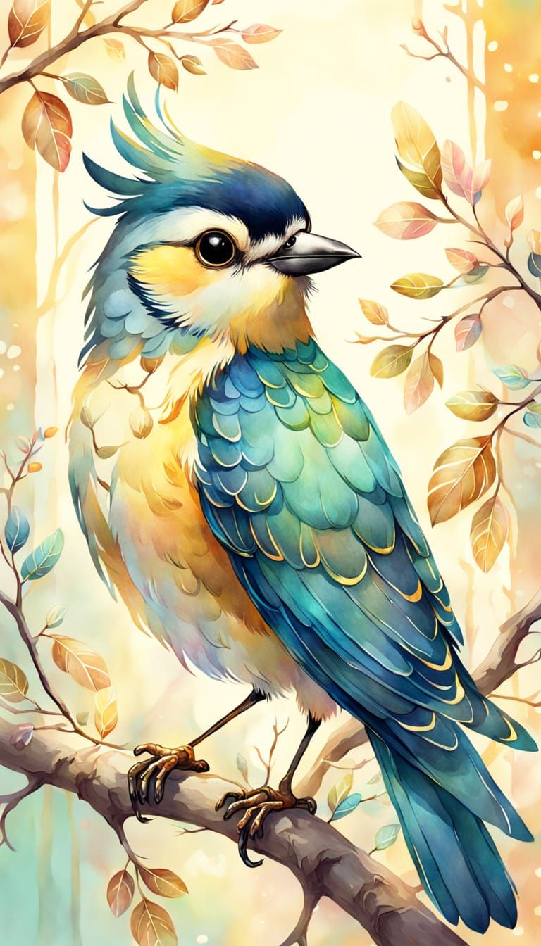 Whimsical Bird on Branch in Watercolor Style
