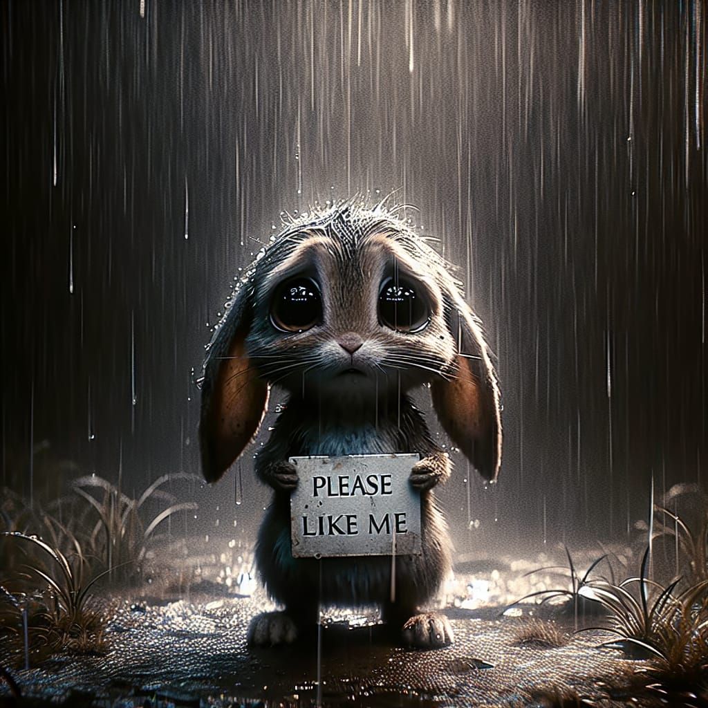Pleading Rabbit Asks 'Please Like Me' in Rain