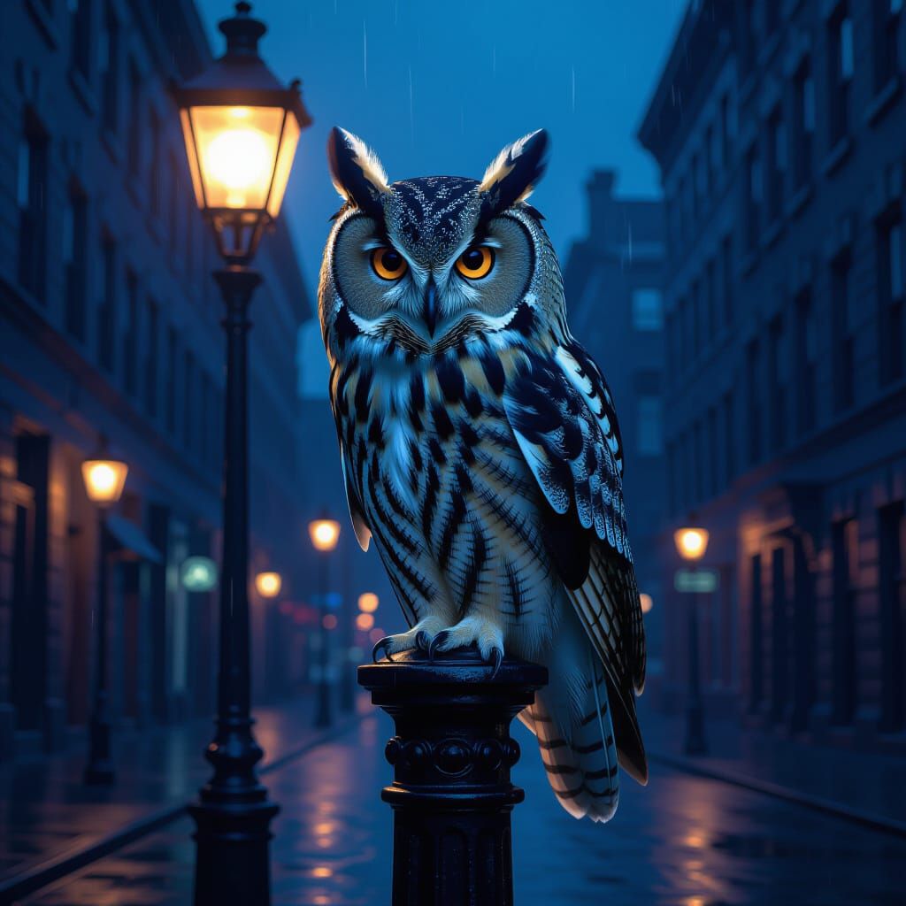 Majestic Owl on Neo-Noir Lamppost at Midnight