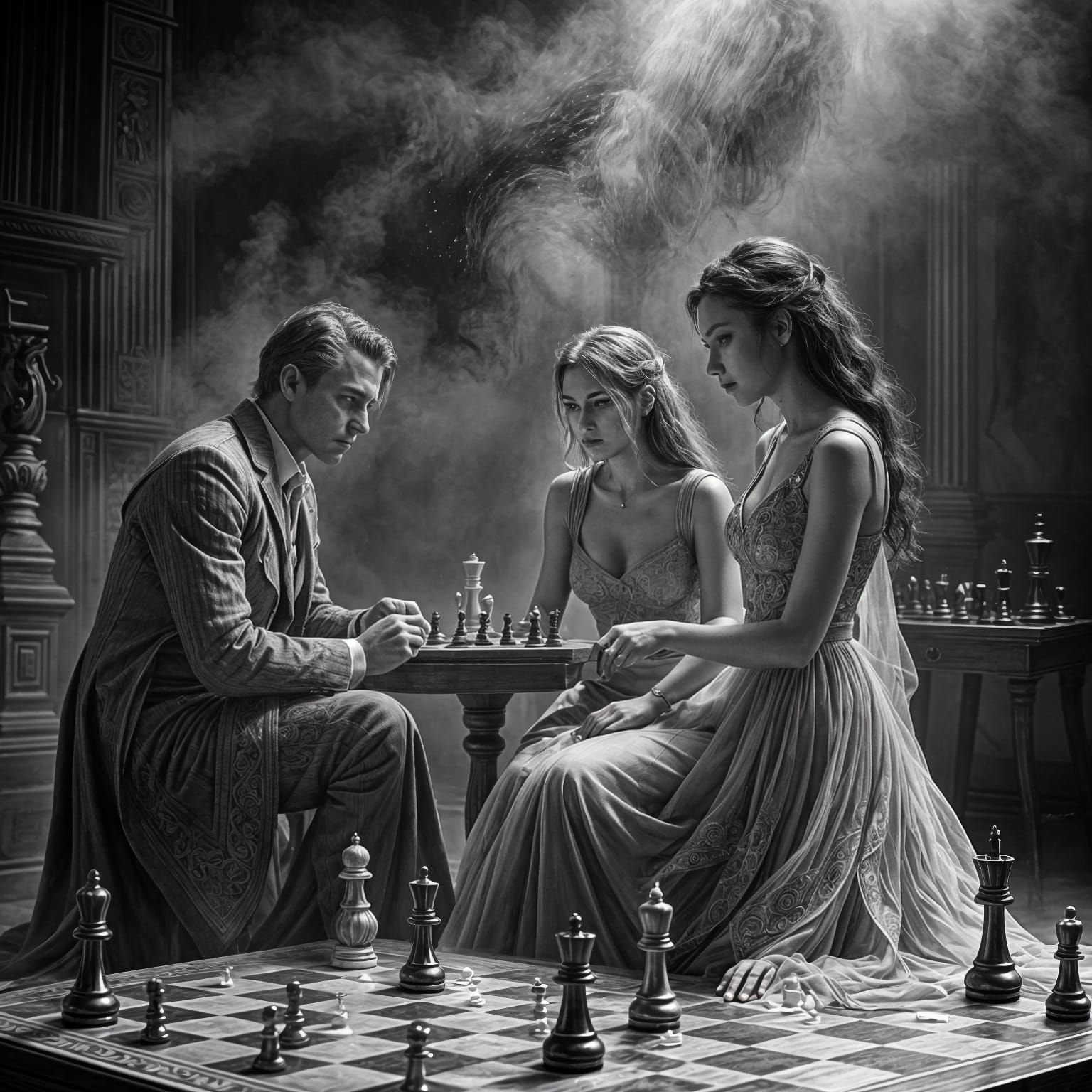 Chess Game in Grayscale: Ghostly Encounter