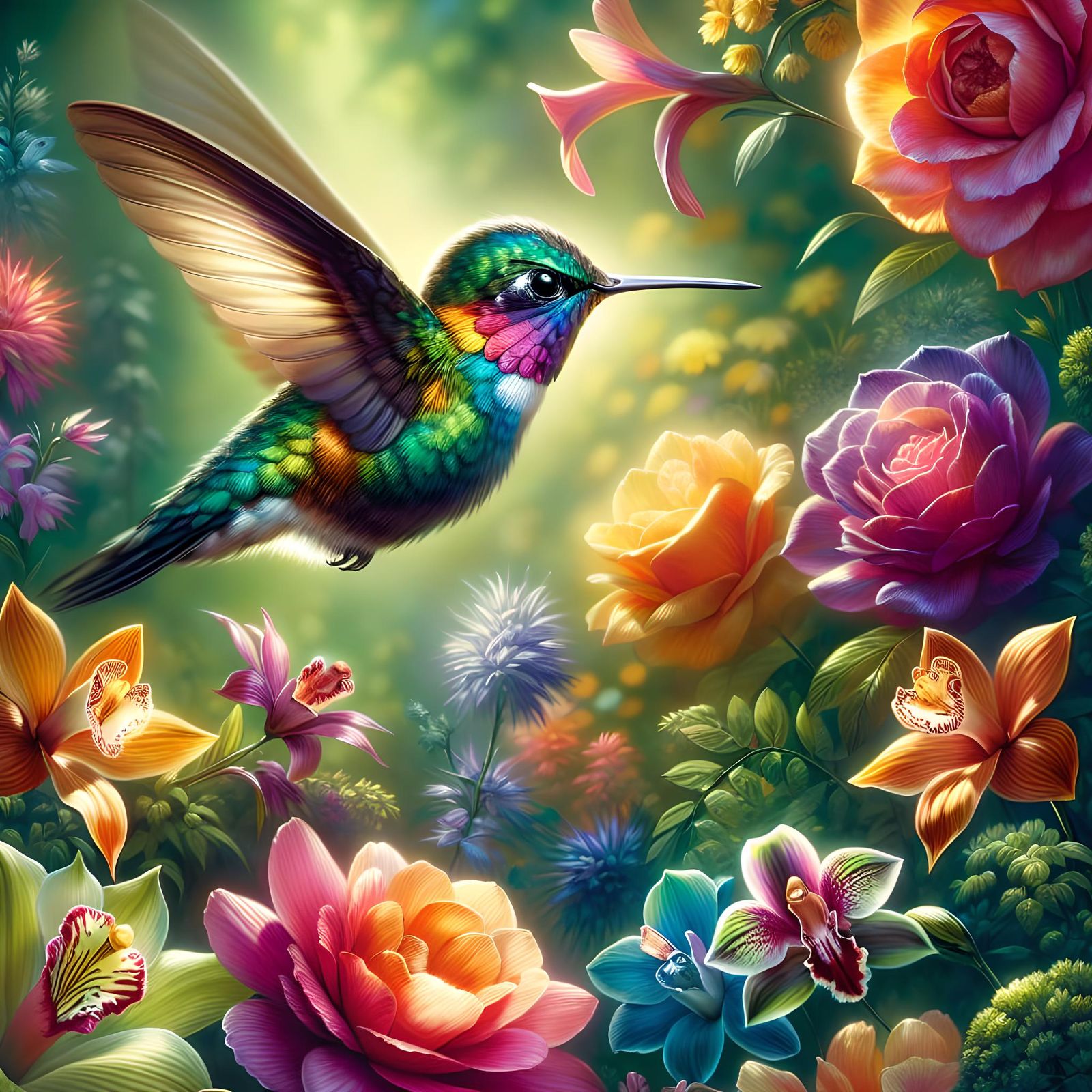 Hummingbird in a Garden of Colorful Flowers