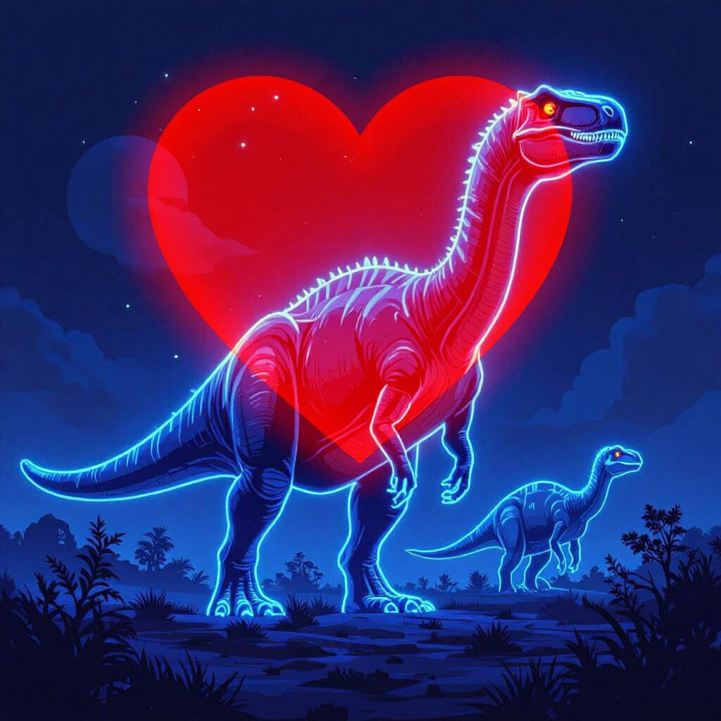 Neon Dinosaurs in a Futuristic Dark Landscape