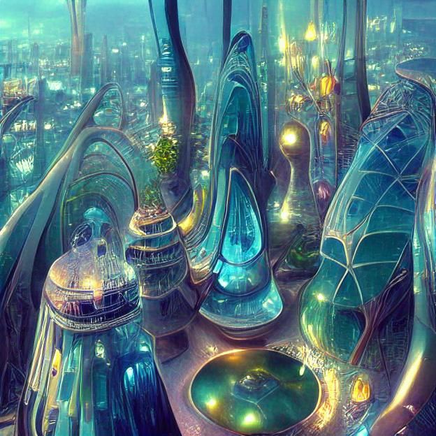 Retrofuturistic Cityscape in Solarpunk Aetherpunk Style