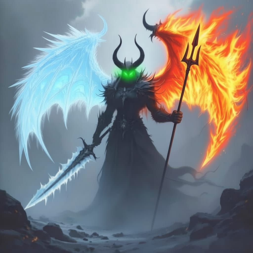 Mysterious Shadow Beast with Fiery and Icy Wings