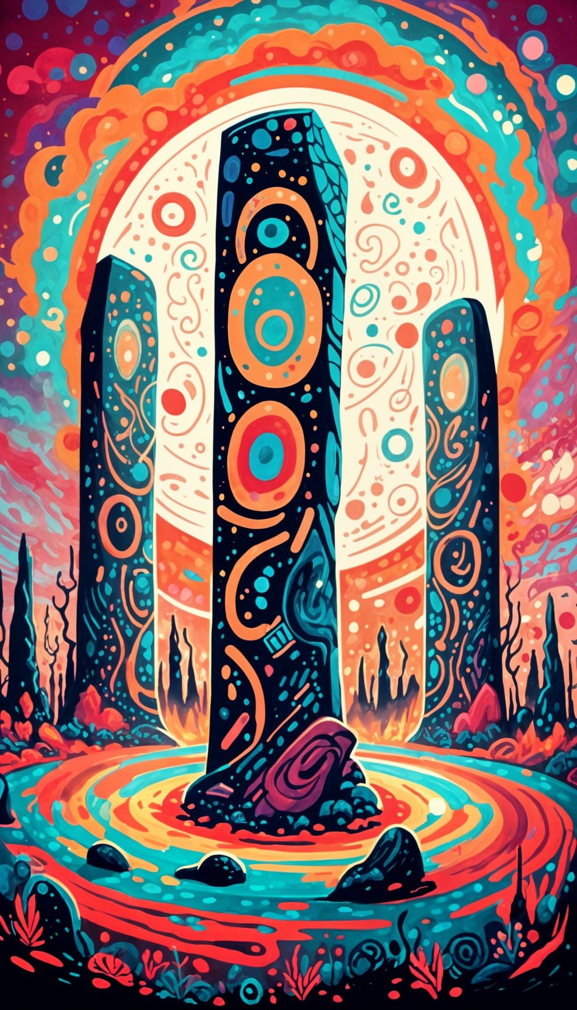 Cosmic Expressionist Standing Stones with Glowing Runes