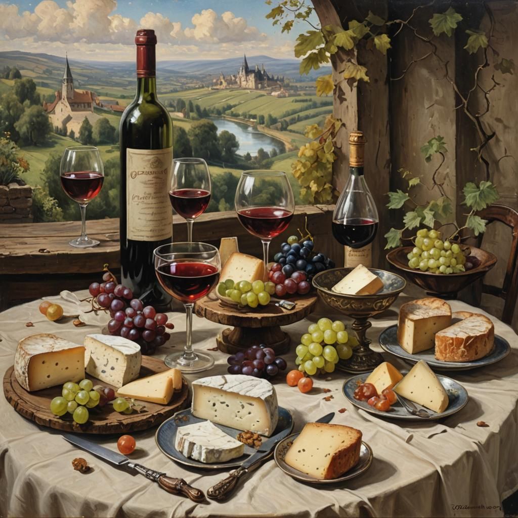 Victorian Cheese and Wine Still Life Oil Painting