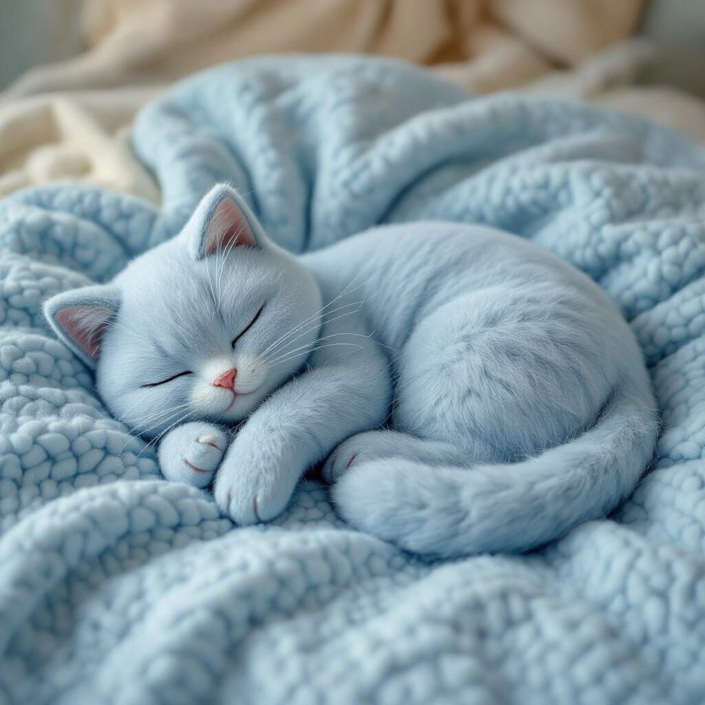 Blue Wool Cat Sleeping: Illustration in Delicate Style