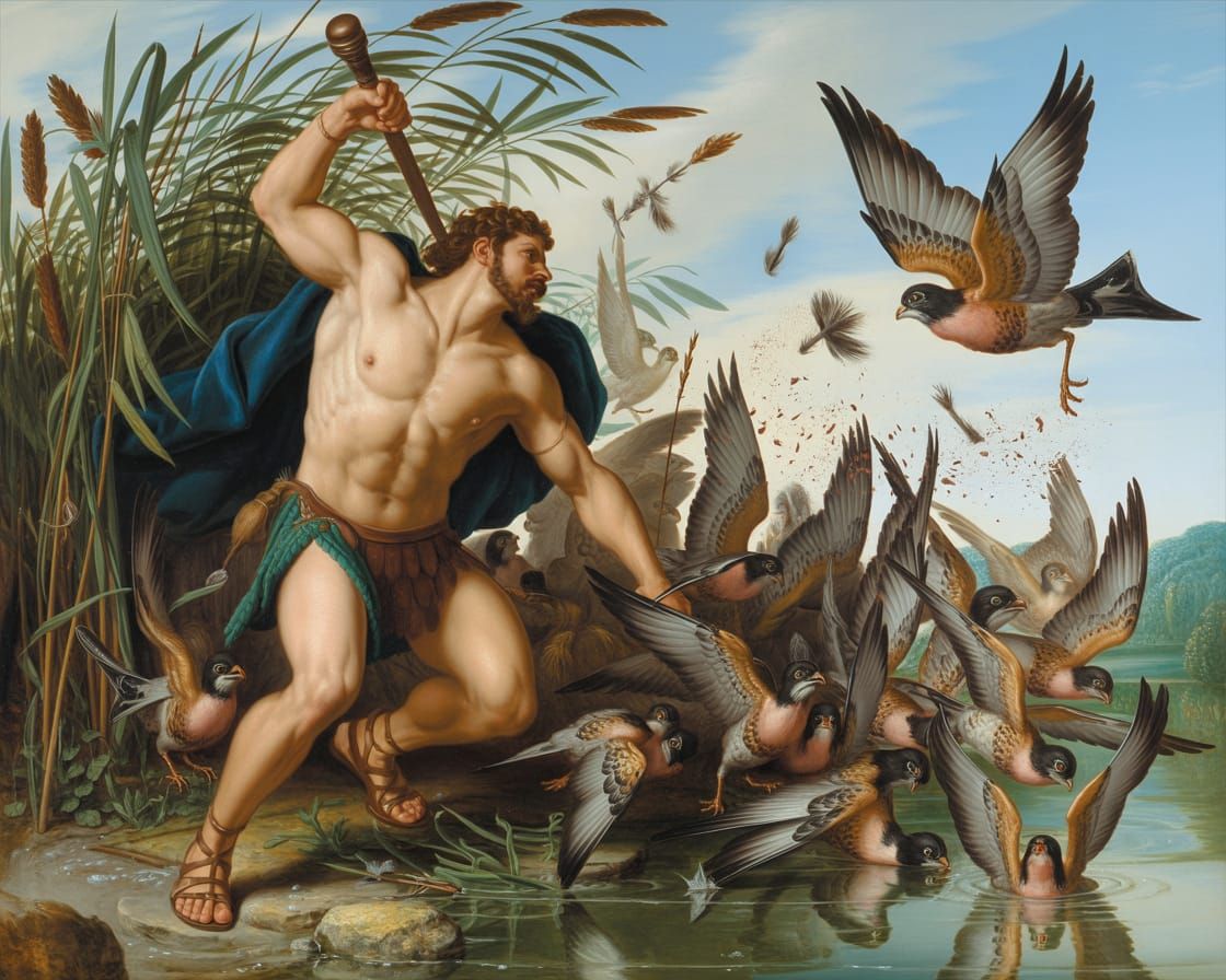 Hercules Battles Stymphalian Birds in Oil Painting