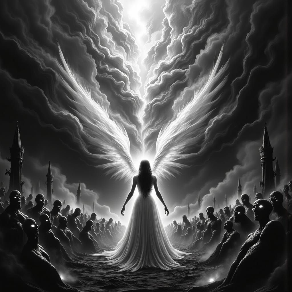 Ethereal Angel Confronts Dark Horrors in Cyberpunk Style