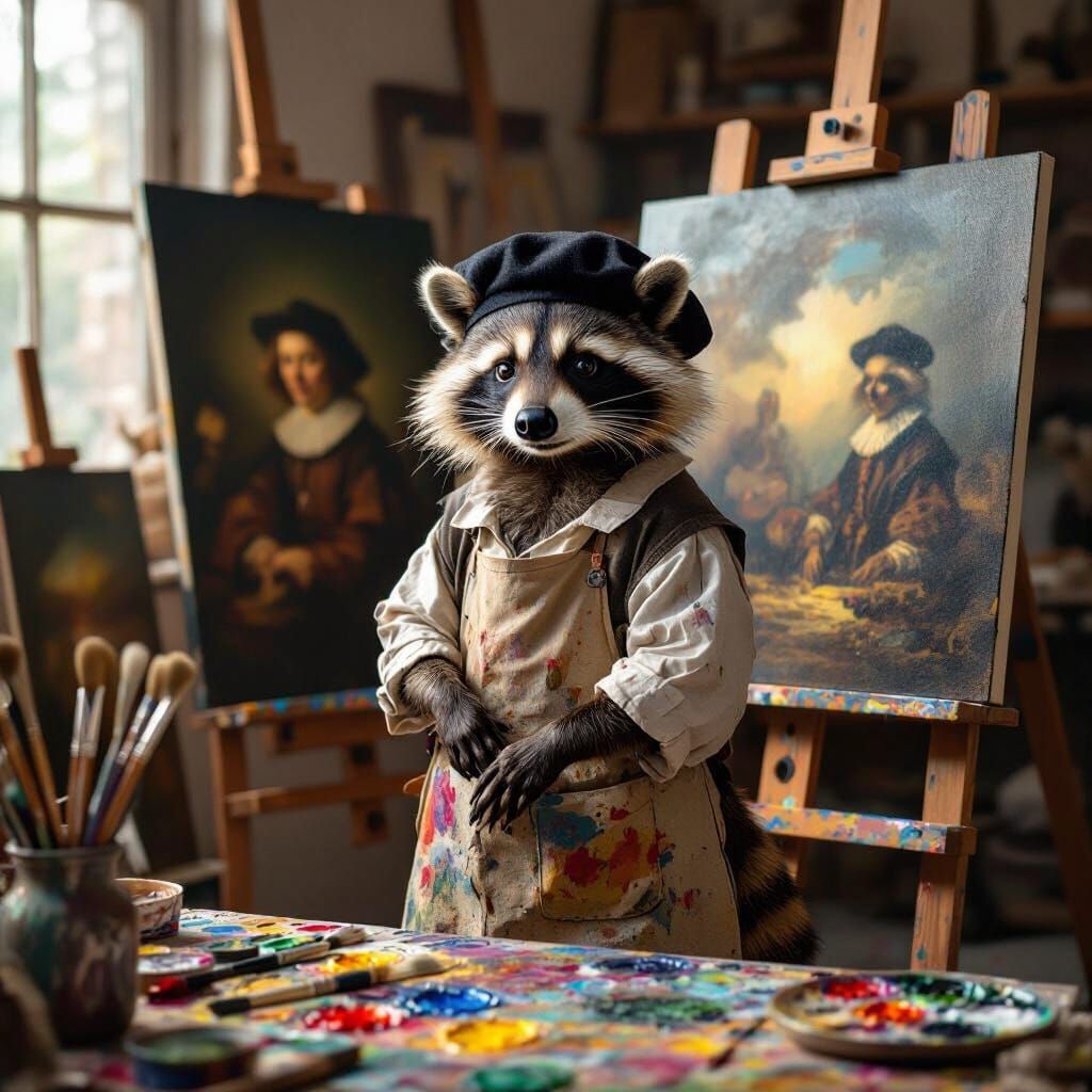 Raccoon Painter in Renaissance Atelier, a Classical Homage