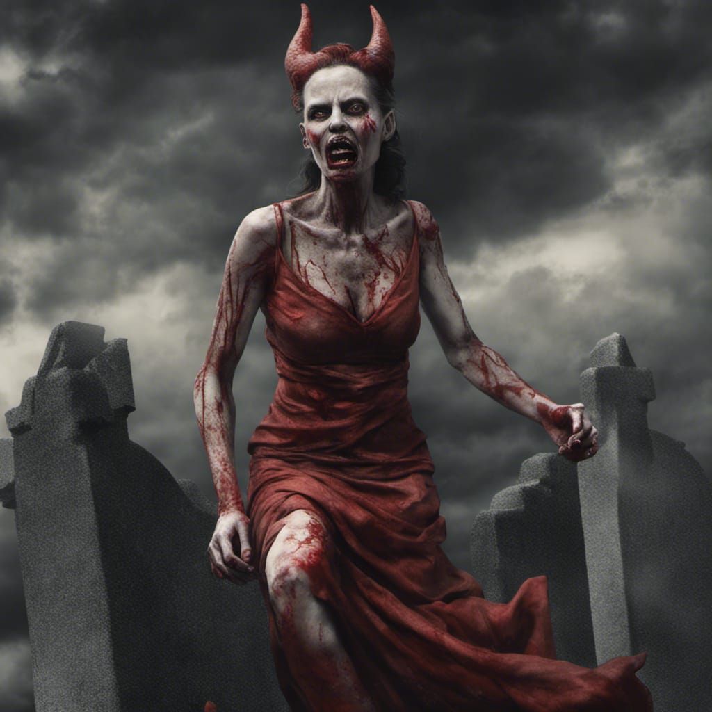 Terrifying Devil Woman in Graveyard Under Blood Moon