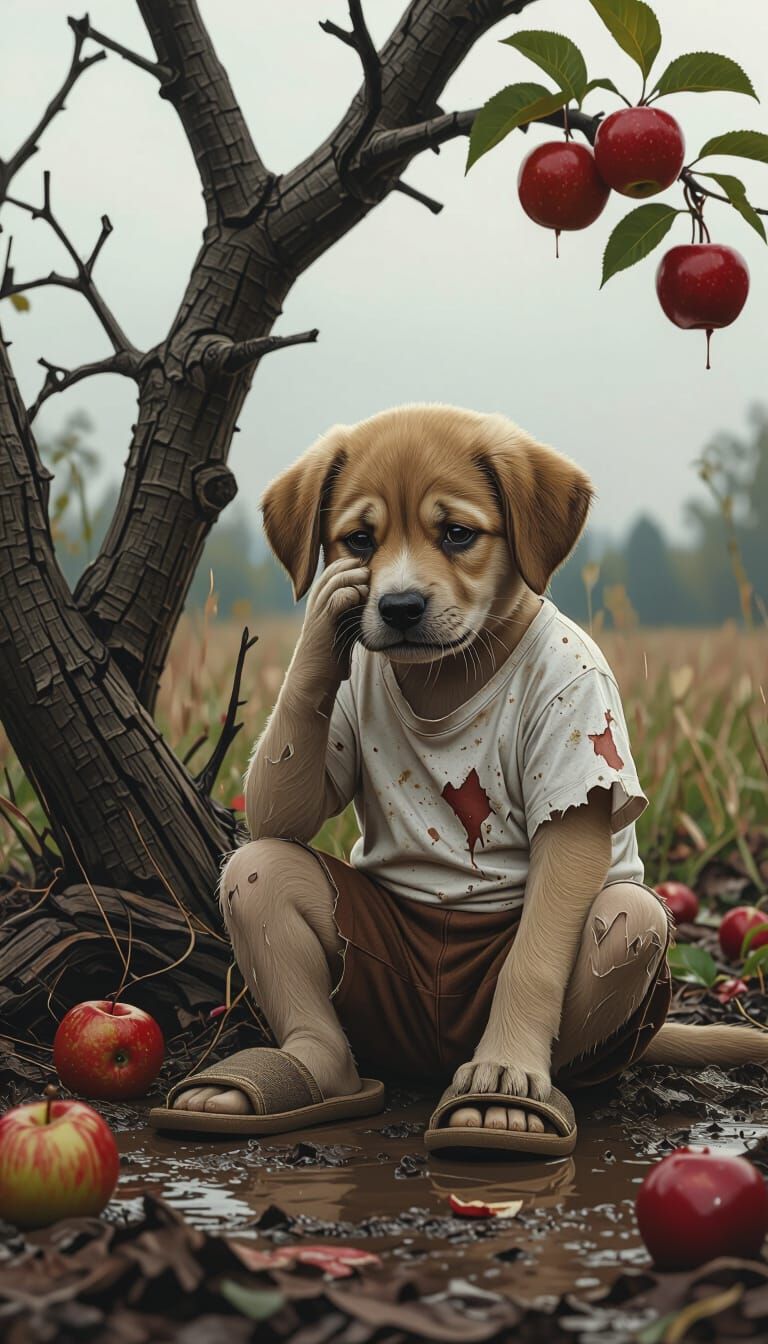 Sad Puppy Beside Broken Apple Tree