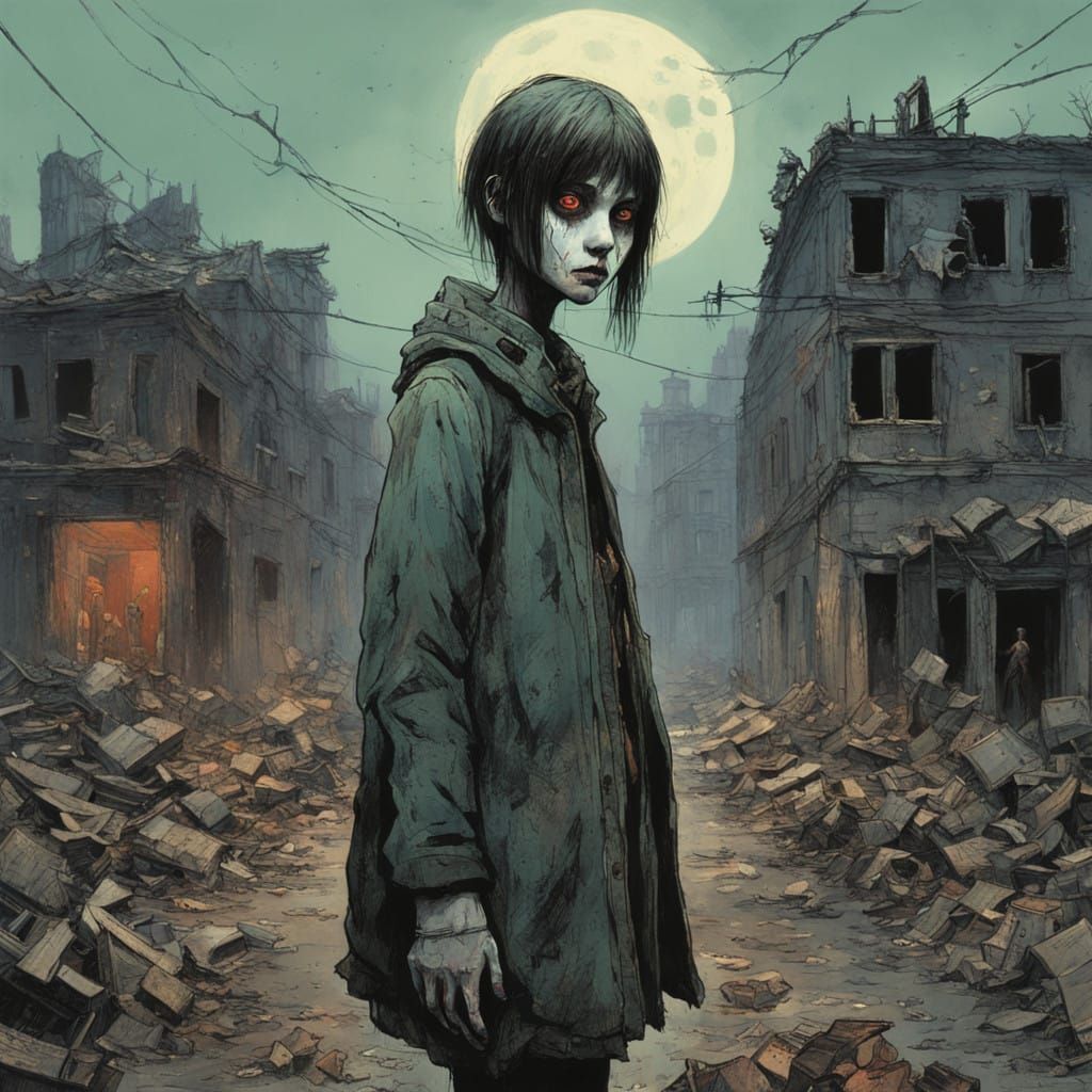 Undead Girl Haunts Desolate Cityscape in Dark Gritty Style