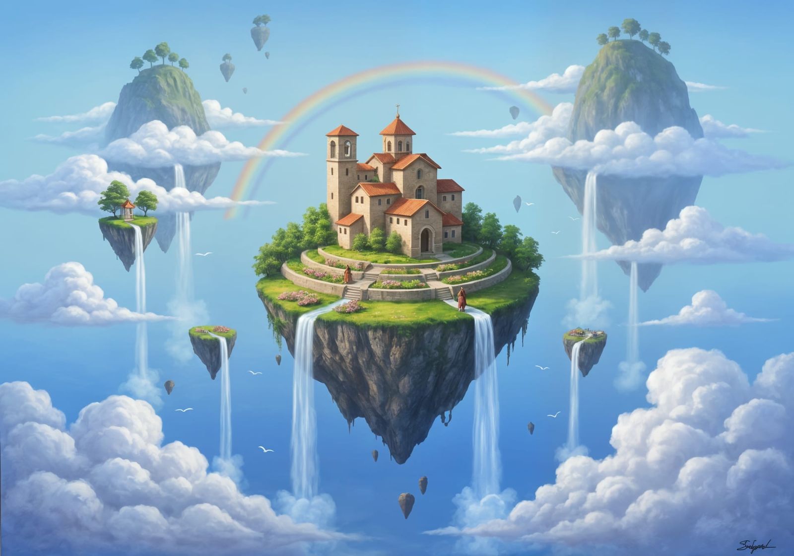 Peaceful Floating Island Monastery Above Clouds