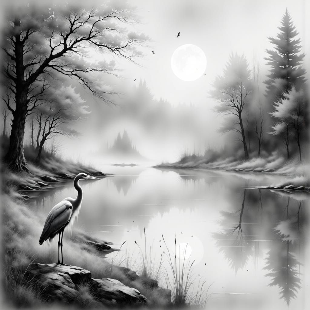 Ethereal Egret in Black and White Landscape