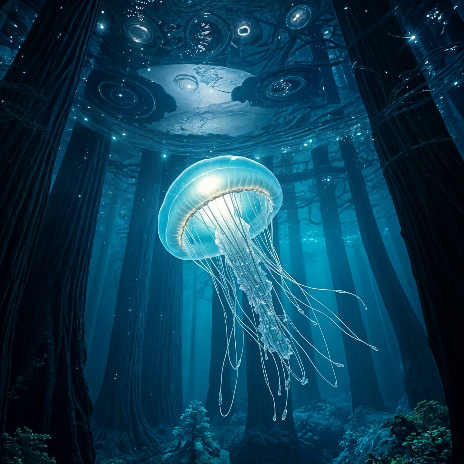 Bioluminescent Jellyfish Drifting Through Underwater Redwood...