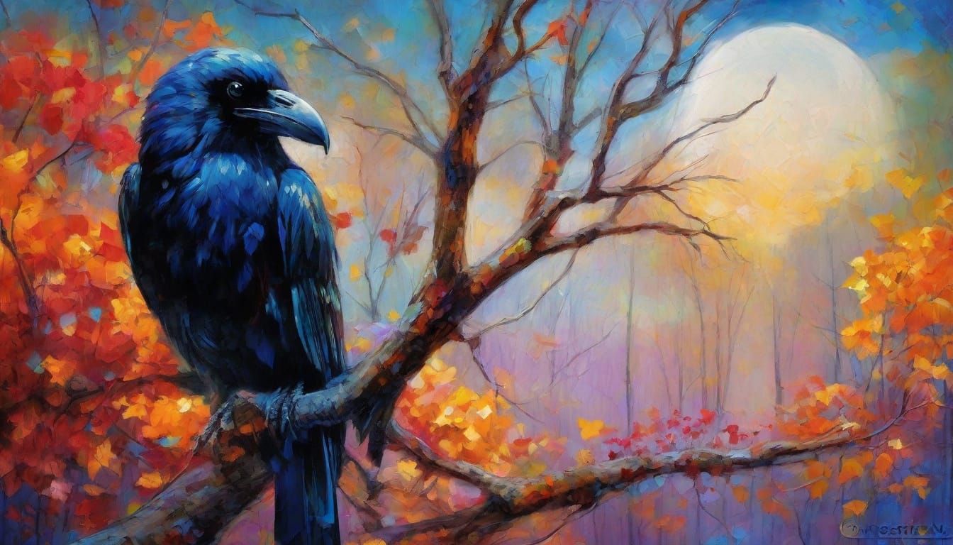 Mystical Black Raven Under Full Moon