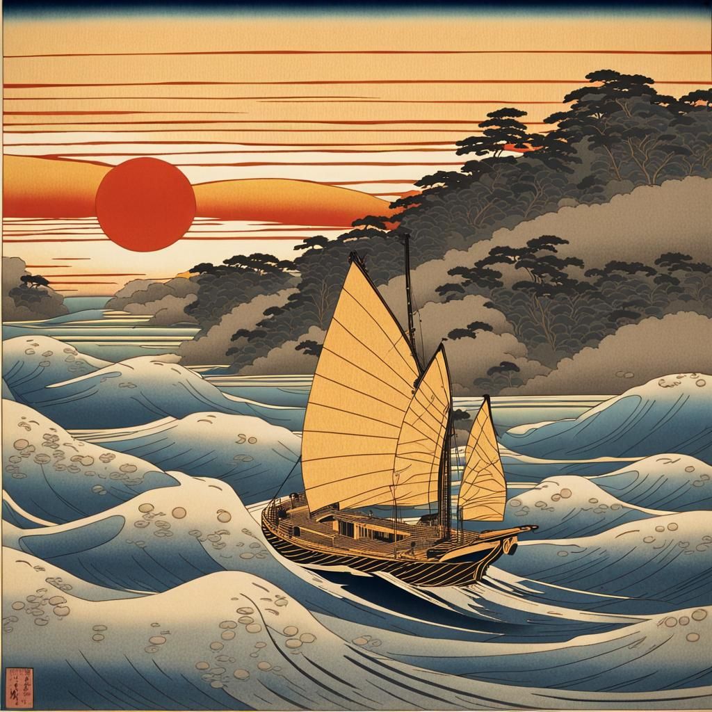 Sailing Vessel in Ukiyo-e Style Woodblock Print