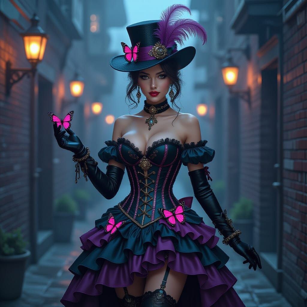 Neon Steampunk Lady in Foggy Alleyway